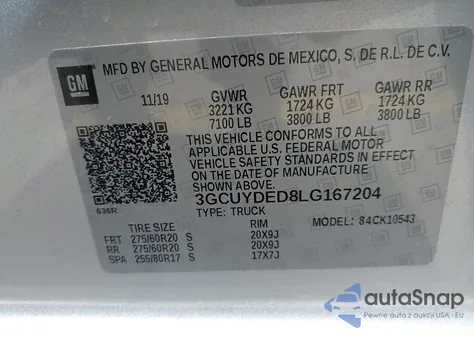 2020 Chevrolet Silverado 1500 4Wd Short Bed Lt z USA, uszkodzony, nr VIN 3GCUYDED8LG167204